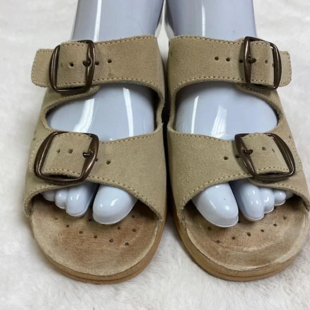 Fly Flot Tan Suede Double‎ Buckle Slip On Wedge Sandals US 5 EU 36
